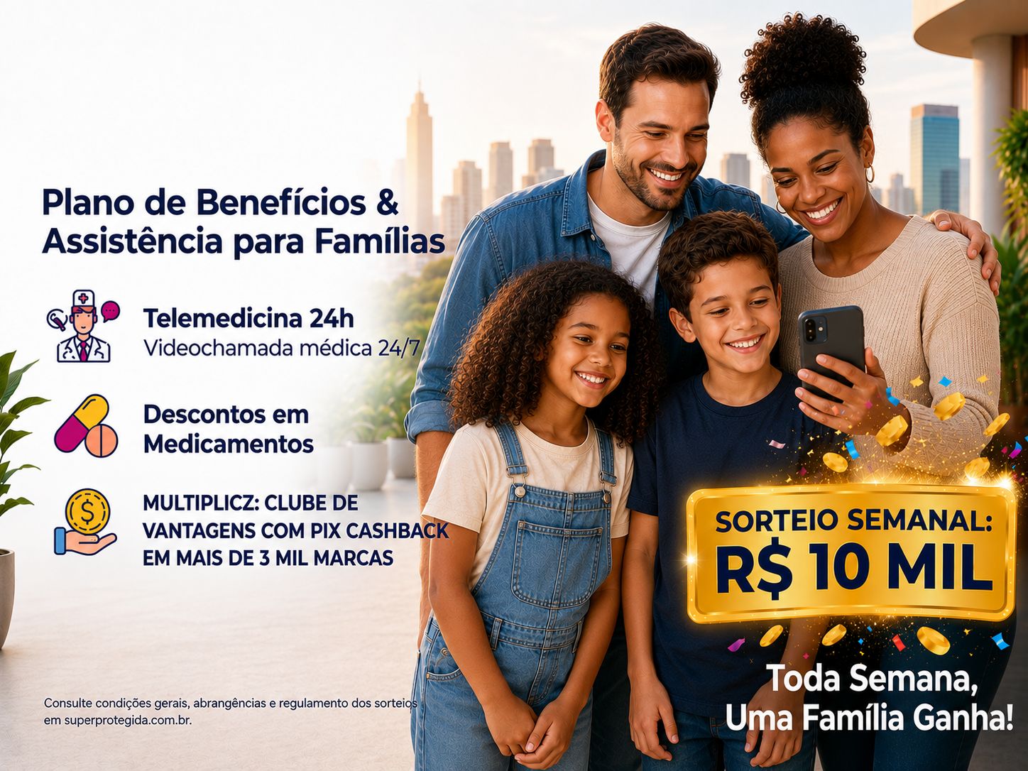 Família reunida em casa, representando cuidado, proteção e tranquilidade com o programa Super Protegida.